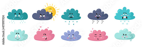 Cartoon weather clouds. Cute character  cloud emotions. Isolated angry  joyful sad faces. Baby shower design  snowy or rainy icons  classy vector set