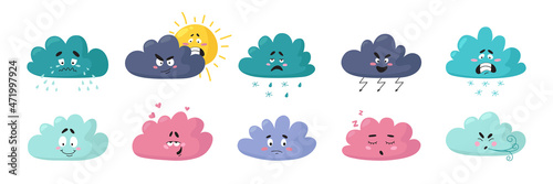 Cartoon weather clouds. Cute character, cloud emotions. Isolated angry, joyful sad faces. Baby shower design, snowy or rainy icons, classy vector set
