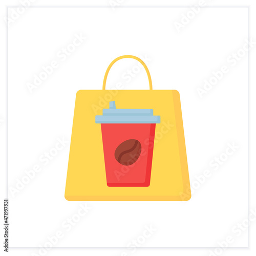 Delivery flat icon. Order coffee in a paper bag. Delivery hand by hand.Coffee to go concept. Color vector illustration