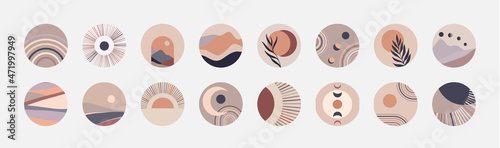 Set of abstract contemporary story highlight cover with sun moon and landscape in boho style. Mid century minimalist icons for blog. Vector