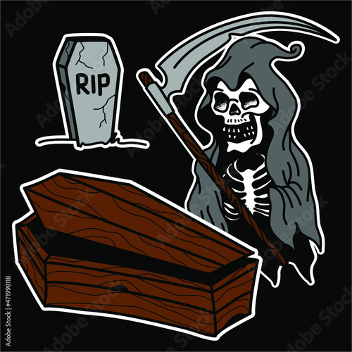 set of grim reaper, Coffin, Tombstone Design element for logo, poster, card, banner, emblem, t shirt. Vector illustration.