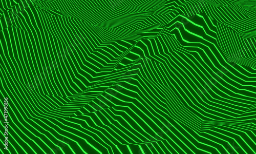 3D illustration. Green topographic lines. Abstract mountain.