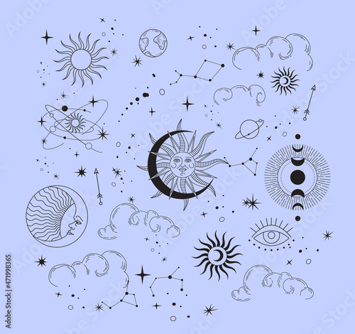 Set of celestial mystic esoteric magic elements sun moon and clouds Different stages of moon, zodiac Signs. Alchemy tattoo object logo template. Vector