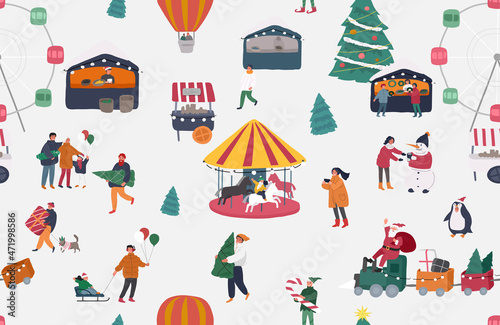 Christmas and New Year holiday vector seamless pattern. Animator in christmas costume, Santa claus and family. Christmas winter fair. Cartoon vector