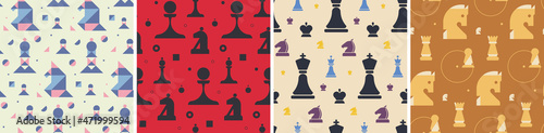 Set of chess seamless patterns. Textures with different elements in flat style.