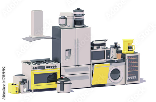 Vector major and small kitchen appliances. Large and small domestic electric cooking equipment. Kitchen stove, oven, coffee maker, refrigerator, food processor, juicer, microwave, dishwasher