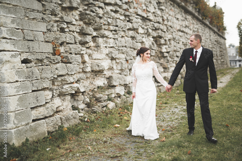 Amazing happy gentle stylish beautiful romantic caucasian couple on the background ancient baroque castle Amazing happy gentle stylish beautiful romantic caucasian couple on the background ancient baroque castle