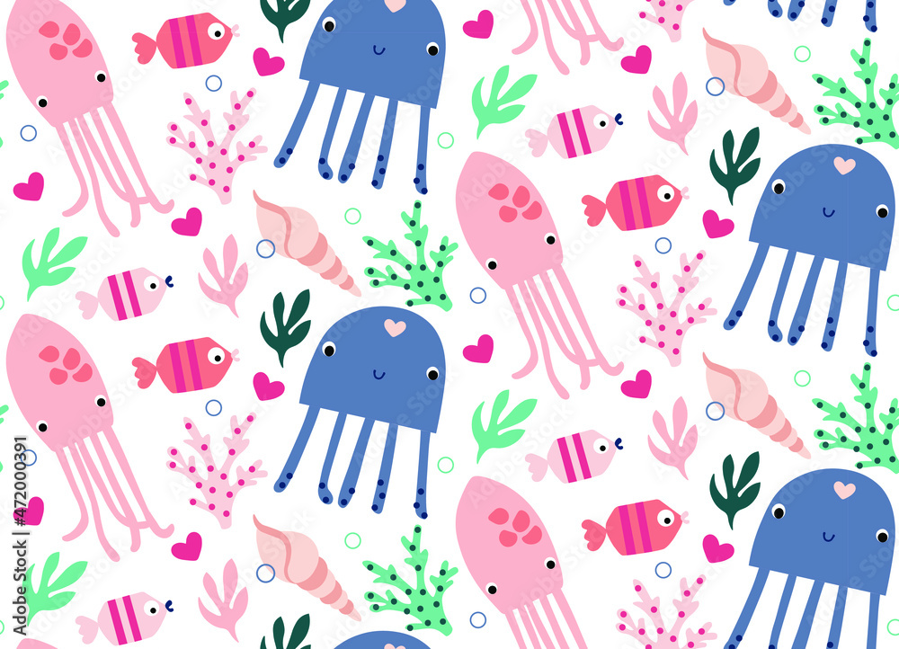 squid seamless pattern in pink and blue colors squid seamless pattern in pink and blue colors