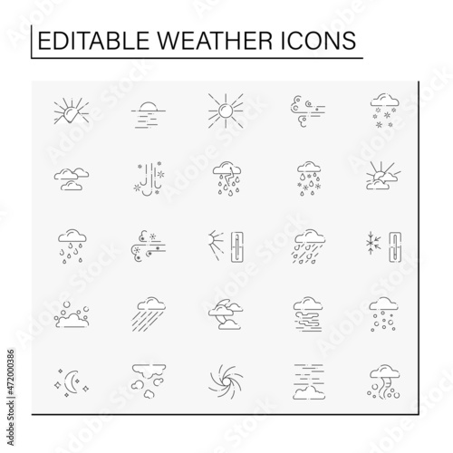 Weather line icons set. Different natural phenomenal. Meteorology concept. Isolated vector illustrations. Editable stroke. Vector illustration