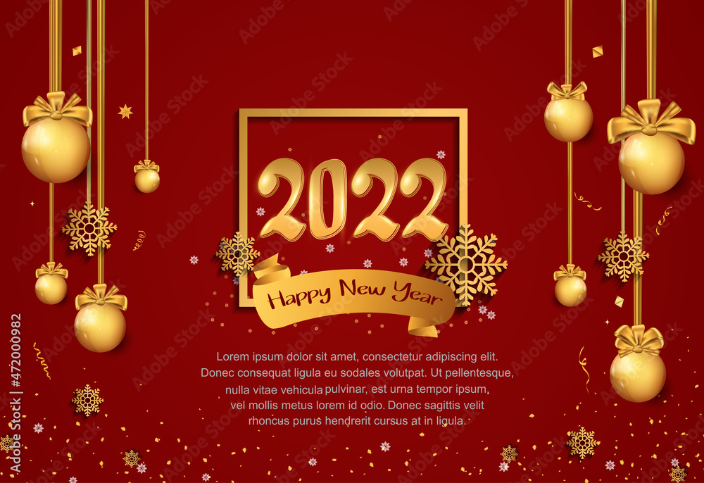 Naklejka premium happy new year 2022 golden number in square with celebration element isolated on red background