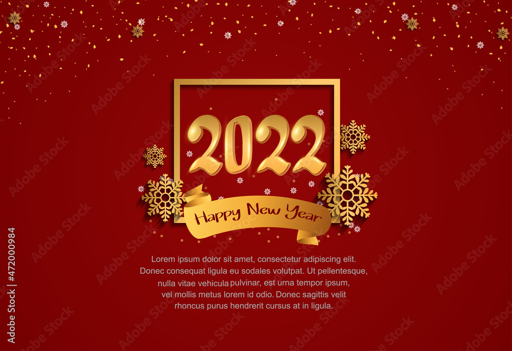 happy new year 2022 golden number in square with snow flake isolated on red background happy new year 2022 golden number in square with snow flake isolated on red background