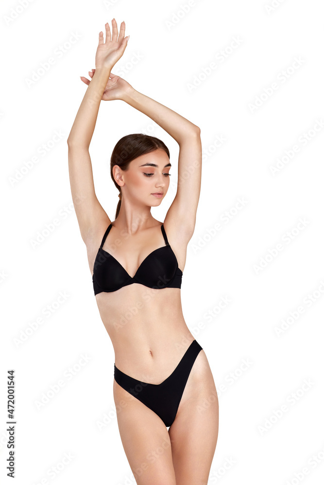 gorgeous slim woman with perfect body in black underwear