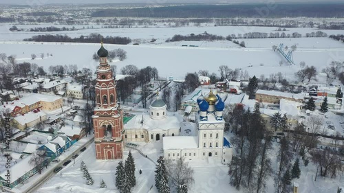 Aerial view of the Cathedral of the Archangel Michael and the bell tower in Bronnitsy in winter, Moscow region, Russia