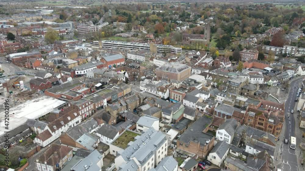 Hertford town centre Hertfordshire Uk town aerial drone view Hertford town centre Hertfordshire Uk town aerial drone view