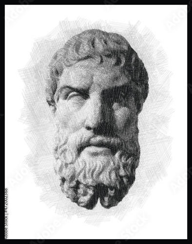 Epicurus bust pen sketch illustration, British Museum. Greek philosopher and scientist. Poster, Wall Decoration, Postcard, Social Media Banner, Brochure Cover Design Background. Vector Pattern.