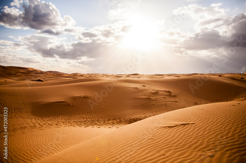 Dry landscape and dunes in the Sahara desert, Morocco