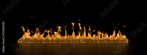 Fire line on black background, banner. Burning horizontal flame, warm house in winter. 3d illustration