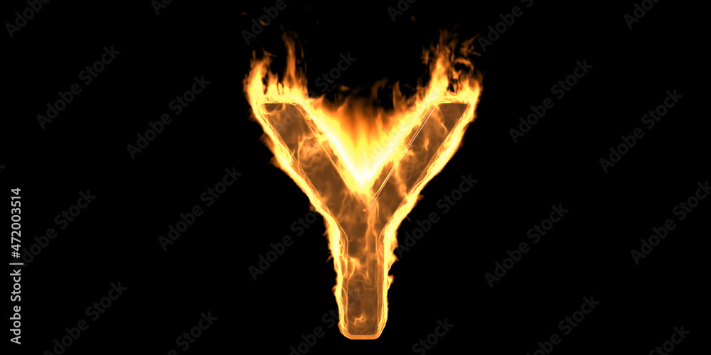 Fire alphabet letter Y burning flame. Hot fiery font glowing, black background. 3d illustration