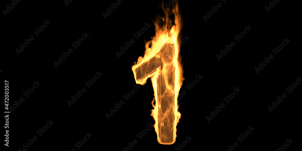 Fire number 1 one burning flame. Hot fiery burn font glowing on black background. 3d illustration