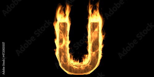 Fire alphabet letter U burning flame. Hot fiery font glowing, black background. 3d illustration