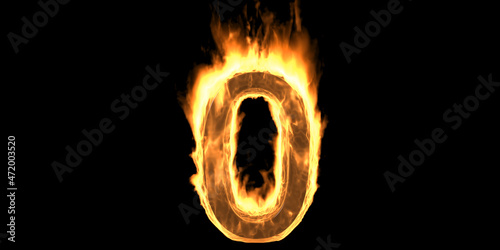 Fire number 0 zero burning flame. Hot fiery burn font glowing on black background. 3d illustration