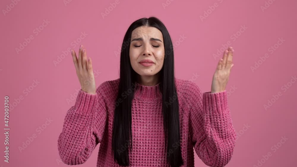 Sad lady startled message shout isolated pastel pink color background Sad lady startled message shout isolated pastel pink color background
