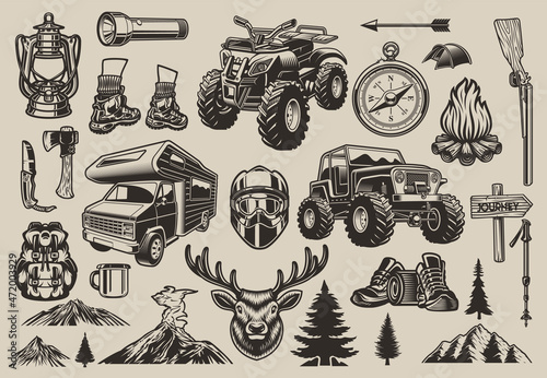 Set of vector camping design elements on light background.