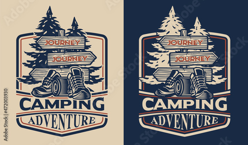 Vector emblem in vintage style on the theme of hiking. Perfect for shirt design and logos, many other