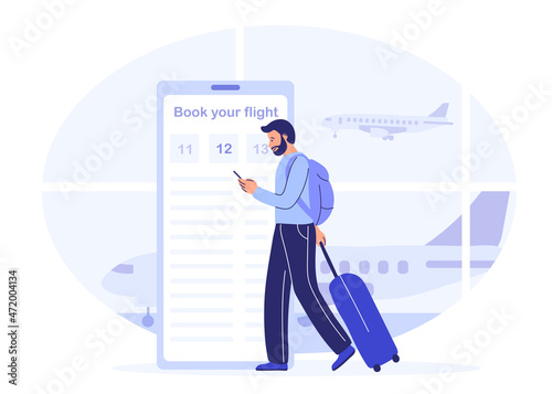 ordering a plane ticket by a young man at the airport. vector illustration in cartoon style