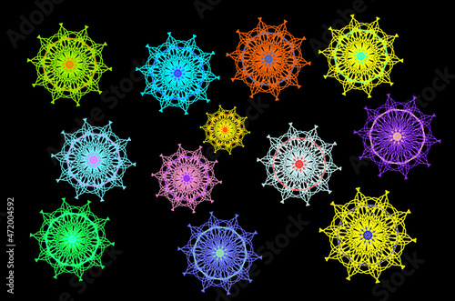Neon vector mandala ornaments (set)  with various color combination on a dark background. Kit of vectors in neon Vaporwave retro style. Solo change.