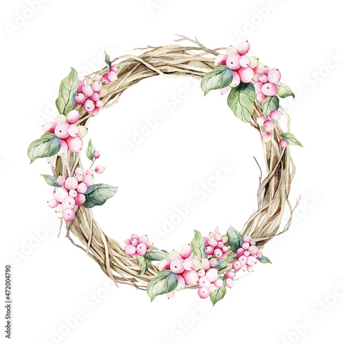 Fototapeta Naklejka Na Ścianę i Meble -  Watercolor frame with snow berries and collected wreath out branchesisolated on white background. Holiday illustration for design, print, background or greeting card