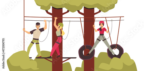 Adventure rope park concept in flat vector illustration isolated on white