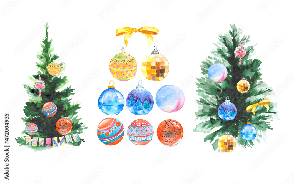 A collection of Christmas trees decorated with balloons, a bow and flags, isolated on a white background. Watercolor drawing for postcard design.