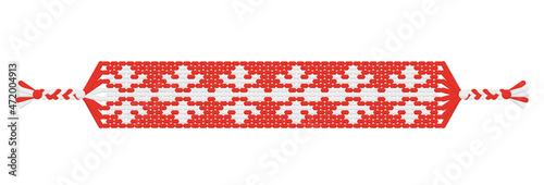 Vector Christmas handmade hippie friendship bracelet of whire and red threads.