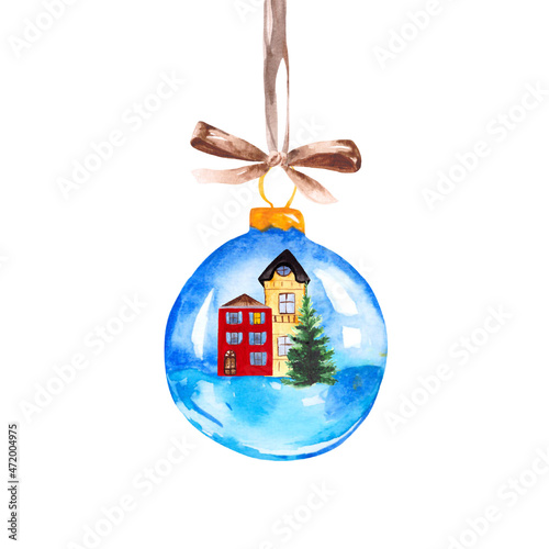 Crystal Christmas ball on a ribbon with a silk brown bow, houses and a green Christmas tree inside. Watercolor toy on a white background for postcard design.