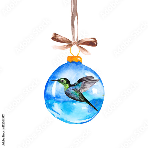 A crystal Christmas tree ball on a ribbon with a silk brown bow and a hummingbird bird inside. Watercolor toy on a white background for postcard design.