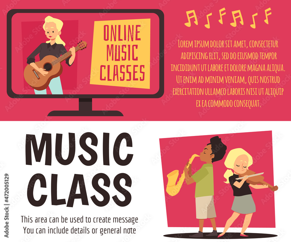 Music classes and lesson online banners and flyers, flat vector illustration. Music classes and lesson online banners and flyers, flat vector illustration.