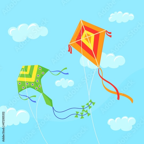 Kites in sky. Flying in wind paper child toys on string, activity fun game in clouds, summer festival background, neat cartoon vector illustration