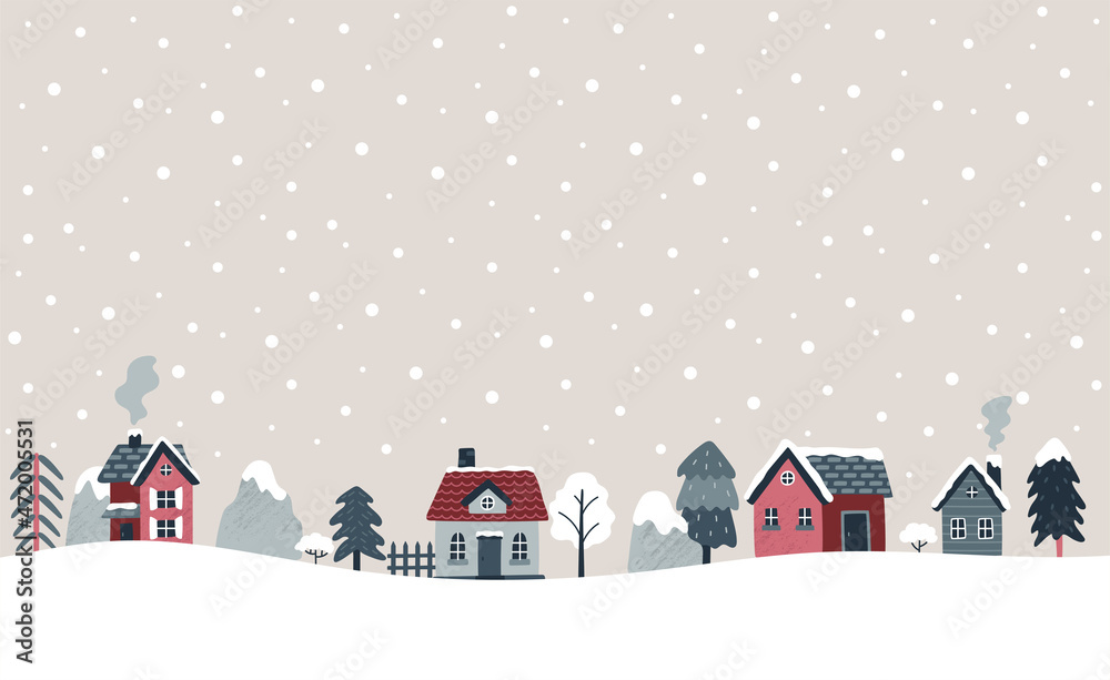 Winter banner. Vector illustration with cozy houses, spruces, trees, mountains, shrubs. Christmas holidays. Northern village. Hand drawn illustration. Scandinavian style.