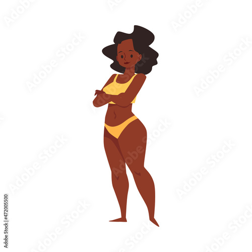 Overweight african american woman in bikini flat vector illustration isolated.