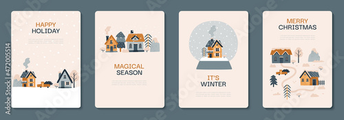 Winter postcard collection. Vector illustration with cozy houses, spruces, trees, mountains, shrubs, car. Christmas holidays. Northern village. Hand drawn illustration. Scandinavian style.