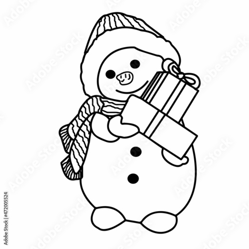 Snowman close-up on a white background. Contour drawing, vector graphics. Illustration for children for coloring.