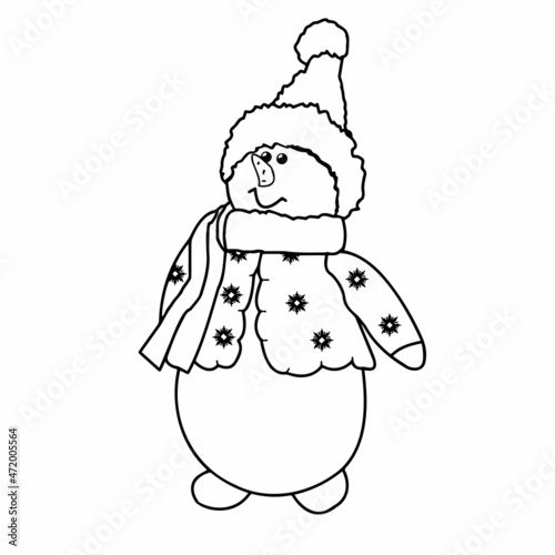 Snowman close-up on a white background. Contour drawing, vector graphics. Illustration for children for coloring.