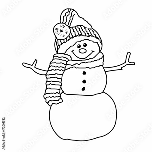 Snowman close-up on a white background. Contour drawing, vector graphics. Illustration for children for coloring.