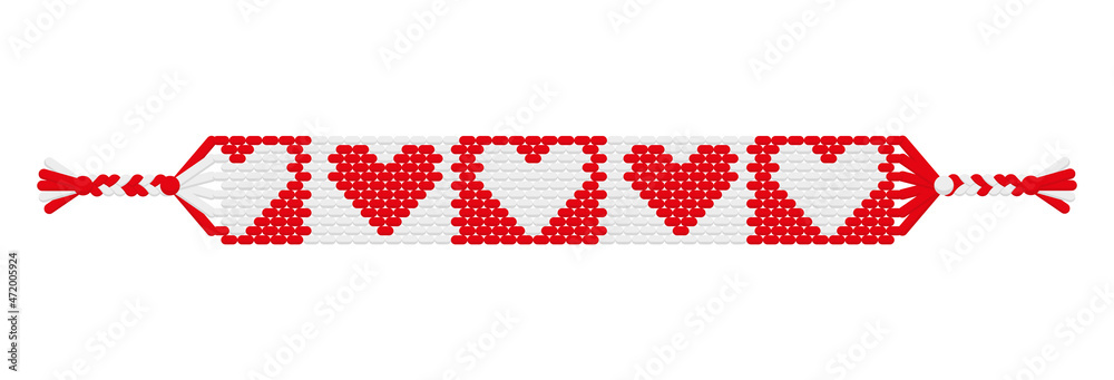 Fototapeta premium Vector boho love handmade hippie friendship bracelet of red and white threads.