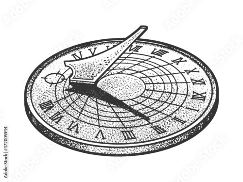 Sundial sketch engraving vector illustration. T-shirt apparel print design. Scratch board imitation. Black and white hand drawn image.