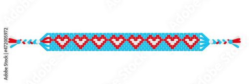 Vector boho love handmade hippie friendship bracelet of blue, white and red threads.