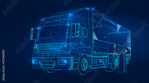Polygonal 3d truck with Electric Car Charging St dark blue background. Online cargo delivery service, logistics or tracking app concept. Abstract vector illustration of online freight delivery service
