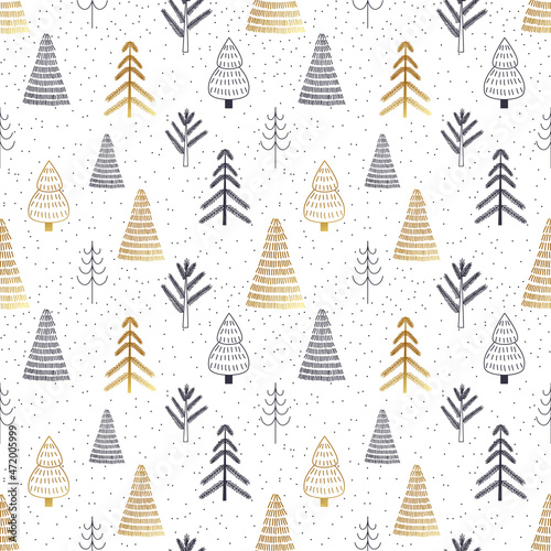 Christmass tree seamless pattern. Gold and black tree vector illustration. Hand drawn doodle sketch. photo