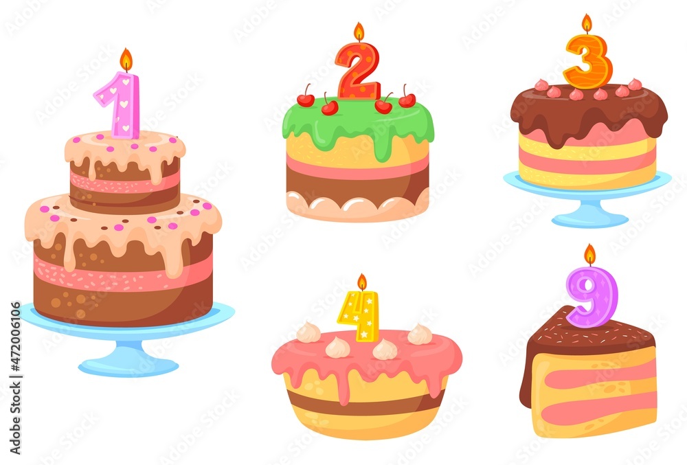 Cake candle numbers. Birthday cakes with celebration candles, colorful delicious cream desserts, holiday party decoration, congratulations children, cute cartoon neat vector Cake candle numbers. Birthday cakes with celebration candles, colorful delicious cream desserts, holiday party decoration, congratulations children, cute cartoon neat vector